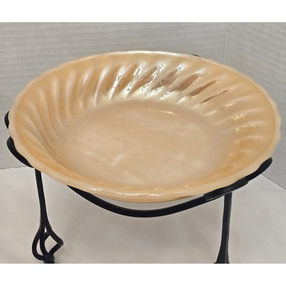 Vtg 2 Fire-King Peach Lustre Swirl Bowls with Meta Scroll Stands Anchor Hocking